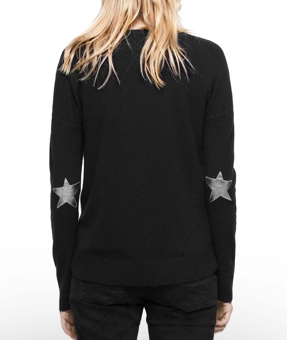 Zadig & Voltaire Women’s Black Cici Star Elbow Patch Cashmere Sweater Size Large